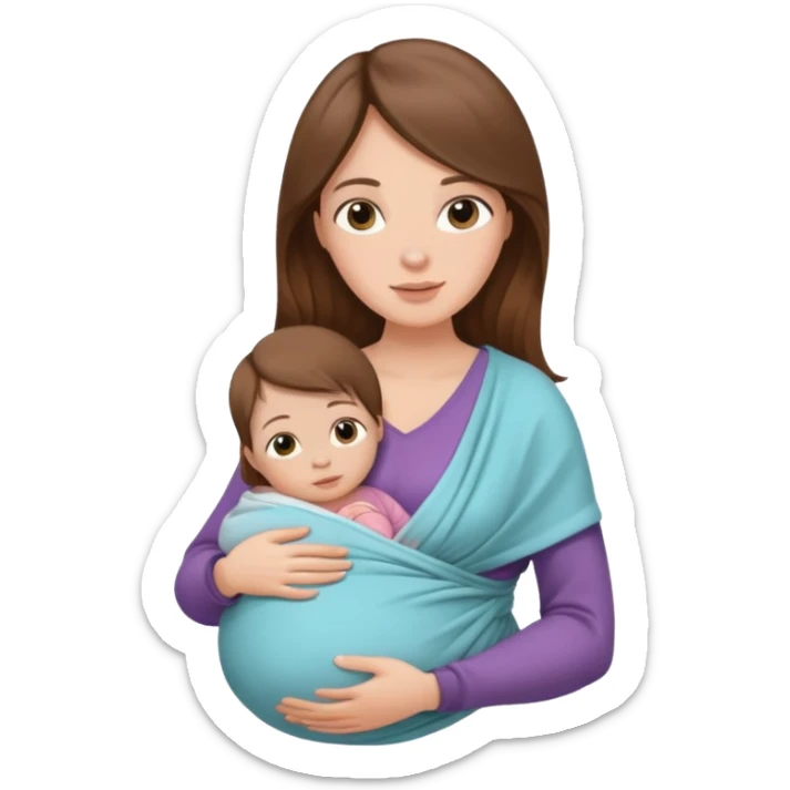 Pregnancy babywearing mom with long brown hair and fair skin with a small baby and wrap  sticker