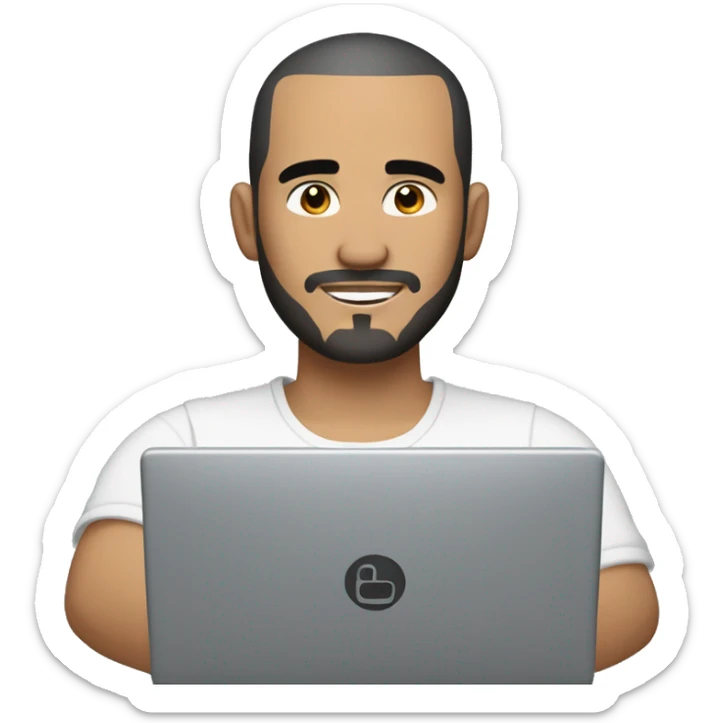 mexican man buzz cut hair with black stubble beard and black eyes in casual clothes, holding dell laptop. sticker