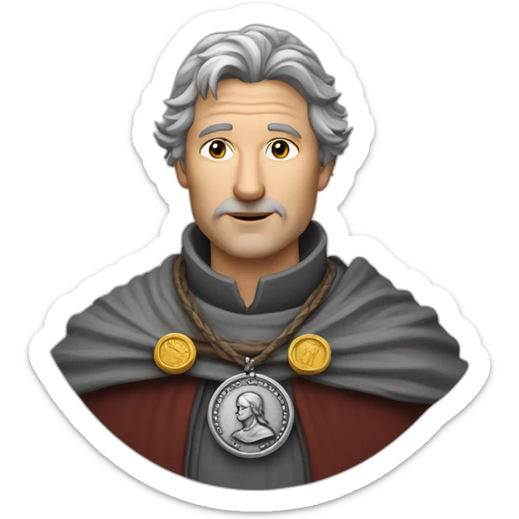 medieval coin engravers guild leader, 50 years old, grey hair, bust, has a necklace with a coin sticker