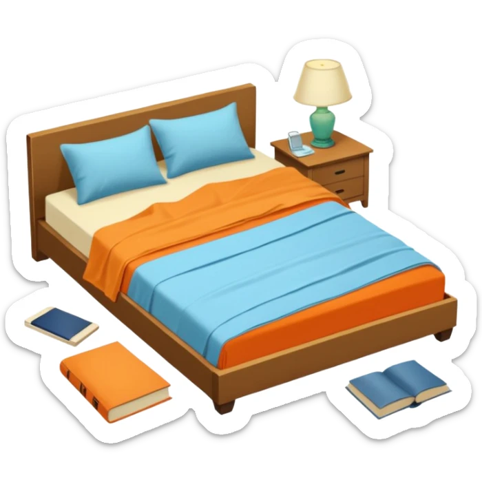 bed with a wrinkled light blue blanket, cream mattress, and one pillow out of place on the floor. Around the bed, scattered items include an orange t-shirt, greenish-blue pants, and an open book on the floor. The background is transparent sticker