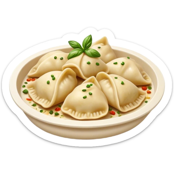 Cinematic Realistic Pierogi Dish Emoji, depicted as tender dumplings filled with savory ingredients rendered with lifelike textures and warm, inviting lighting. sticker