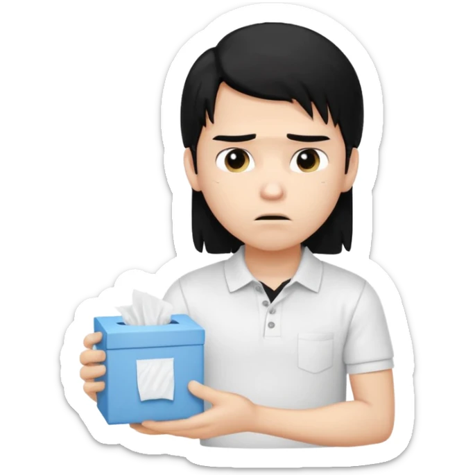 generate a pretty bratz boy with long black hair, wearing a white polo shirt. Looking sad, holding a box of tissues in right hand sticker
