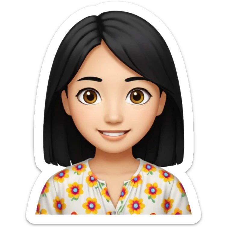 20 yr old asian woman hair white blouse with black dots center part big eyes big smile tanned skin straight black hair hippie part hair  sticker