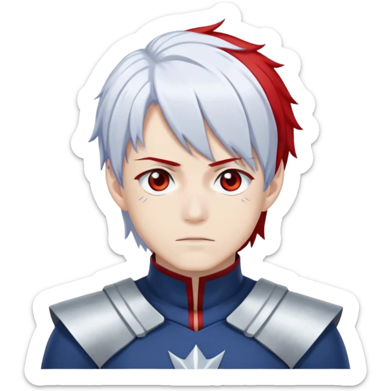 Shoto Todoroki from My Hero Academia with half red half white hair, heterochromia eyes one blue one gray, wearing his hero costume sticker