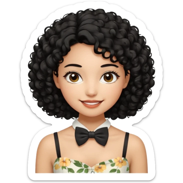 A young woman. She has voluminous, curly black hair that frames her face beautifully. Her skin tone is warm and glowing, and she has a subtle, natural makeup look. She’s smiling softly at the camera. She is wearing a white floral top with thin straps and a small bow tie detail in the front. sticker