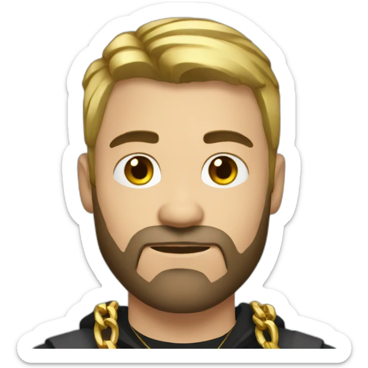 Russian strong man thug wearing gold chain with black short faded hair and short beard sticker