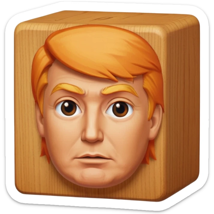 donald trump facial features and hair on a square wooden block sticker