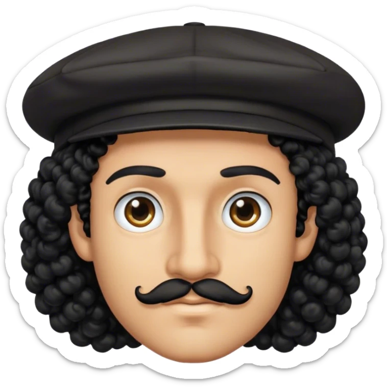 man with tanned skin, black curly hair, black cap, small black moustache and black eyes sticker