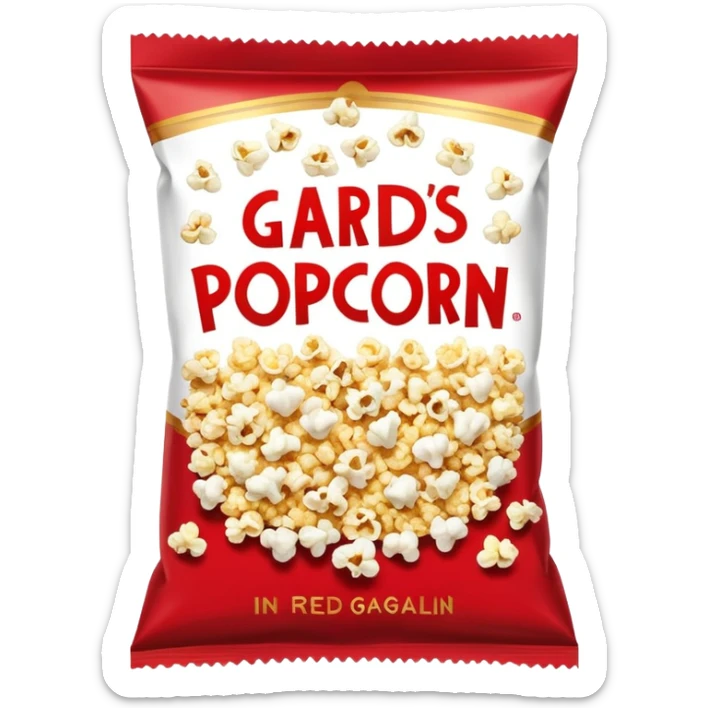 A packet of red and white popcorn. In the center of the package is written SCENE OF HORROR in Gold with the font gagalin sticker