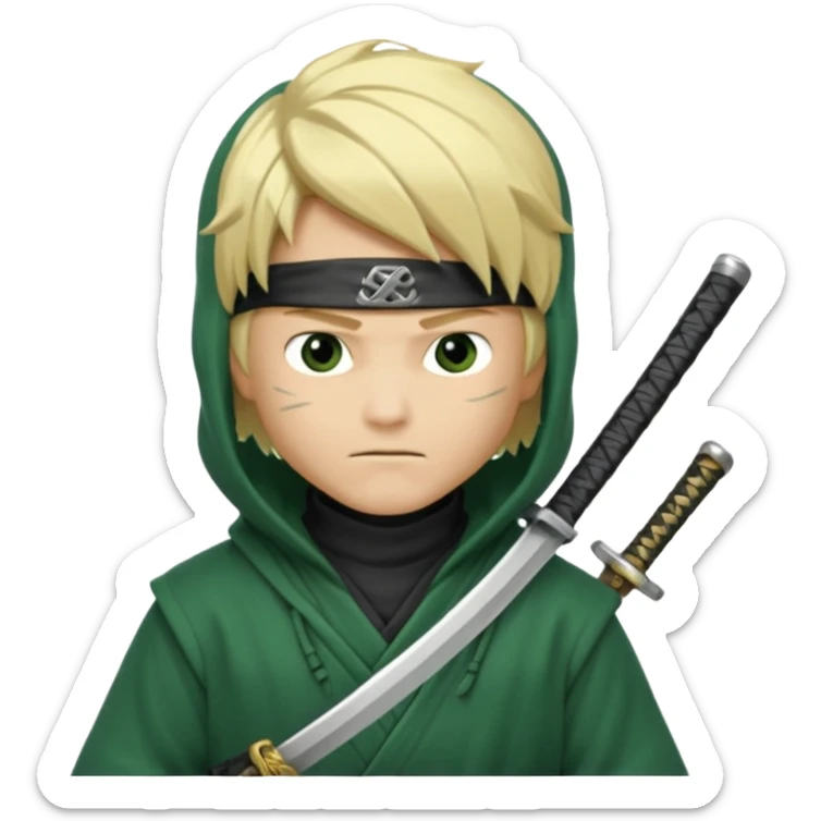 Green ninja Lloyd garmadon blonde hair, kaptur hoody on his head but blonde grzywka visible; the bottom left one is best (the one without miecze + black band + no mask of face) but add miecz; I want no band on head  sticker