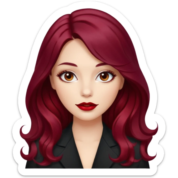 Draw a young glamorous woman with LONG dark burgandy cherry hair in a centre hair part styled slightly wavy sticker