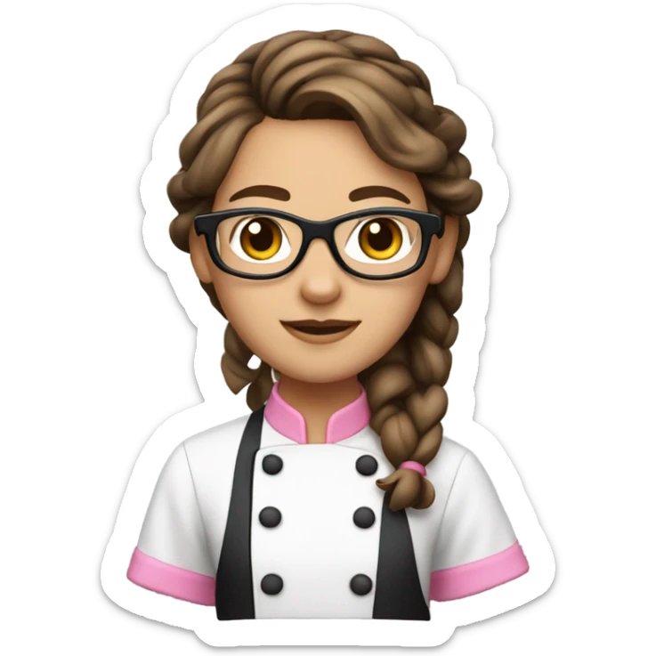 brown hair chef with black glasses and pigtail braids and a pink chef outfit sticker