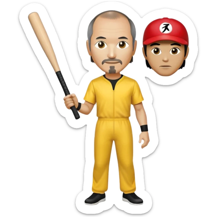 Steve Jobs wearing Bruce Lee's yellow jumpsuit, holding a baseball bat and ball sticker
