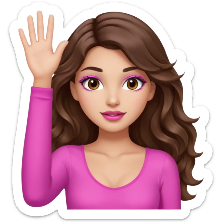 girl with long wavy brown hair, brown eyes, long lashes makeup, sexy pink lips, light to medium complexion, wearing a pink sexy top, one hand in the air high sticker