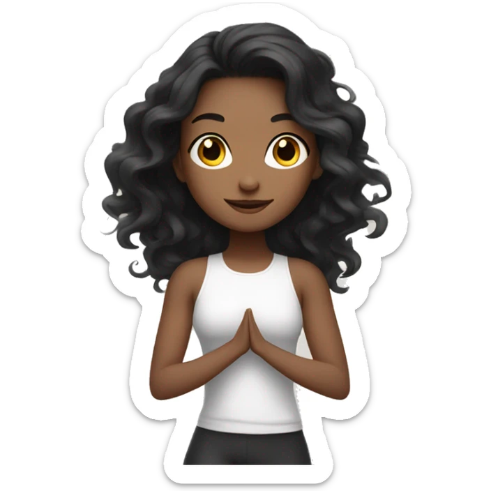 Pretty girl with black wavy hair with white ribbon doing yoga sticker