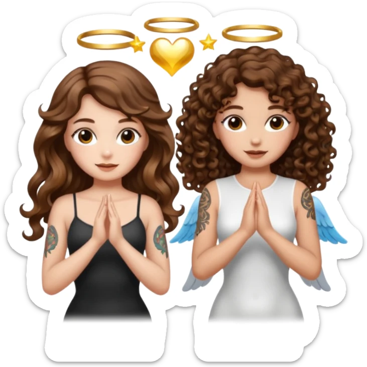 fake angel pose — long wavy brown hair tattooed woman and short tight curly brown hair woman — halo sparkle sticker