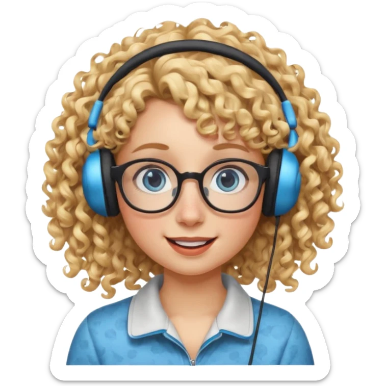 blond kid with unique face features and very curly hair kid girl happy and big glasess and big nose and very blue eyes with freckles kind of nerd looking and headphone wearing sticker