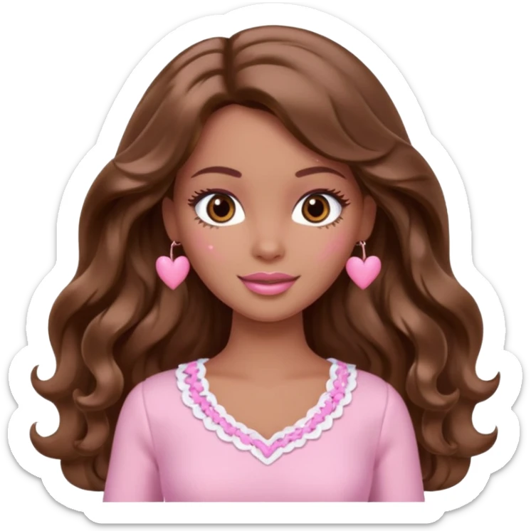 Barbie girl brown long wavy hair and brown eyes is In pale pink clothes There are pink hearts all around sticker