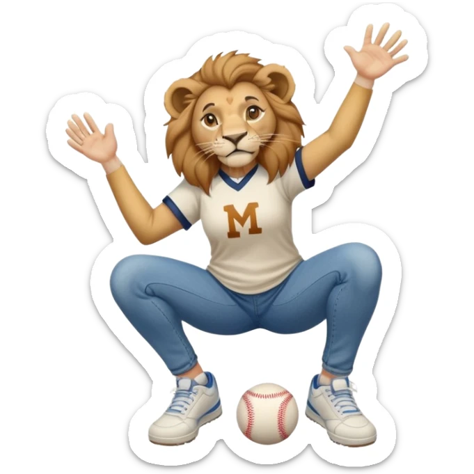 friendly anthropomorphised female lion wearing a baseball shirt, jeans, and trainers, in a squat position, lifting something up sticker