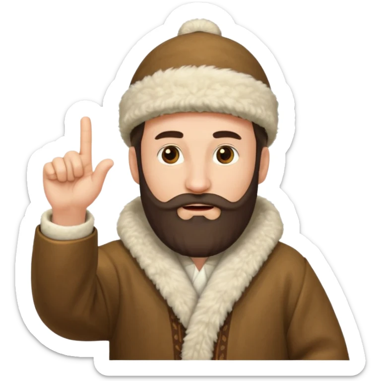 Create an emoji-style illustration of a Caucasian man from the Caucasus region, wearing a traditional woolen papakha hat and a robe made of sheepskin. He has a thick beard and is pointing one finger upward. The style should be simple and expressive, like an emoji. sticker