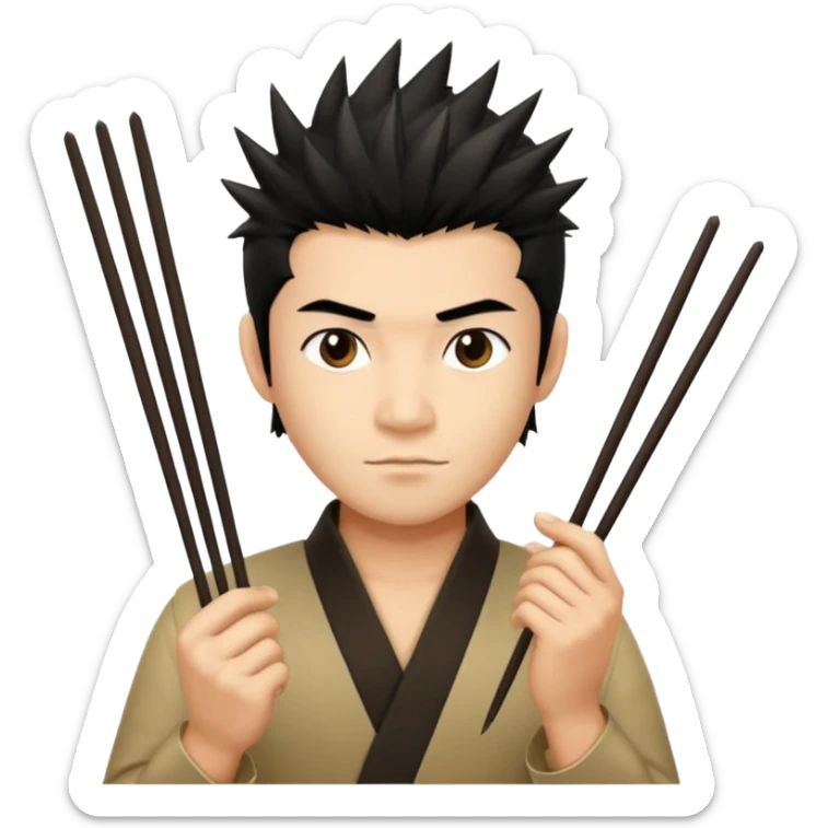 Make it a vietnamese male with spiky black hair hold a pair of chopsticks sticker