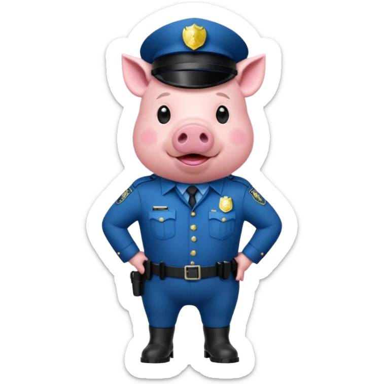 a pig, upright, in a police officer uniform, drooling and looking to the bottom left sticker
