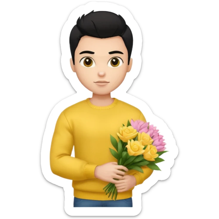 a pretty bratz guy carrying a bouquet and a yellow sweater. Muscled. black hair sticker