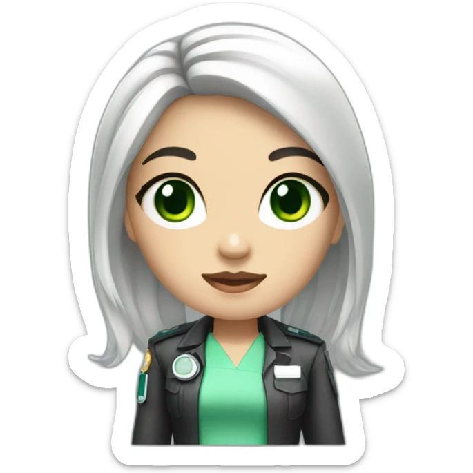 a medic girl with cream, shoulder-length black hair, with accessories, green eyes sticker