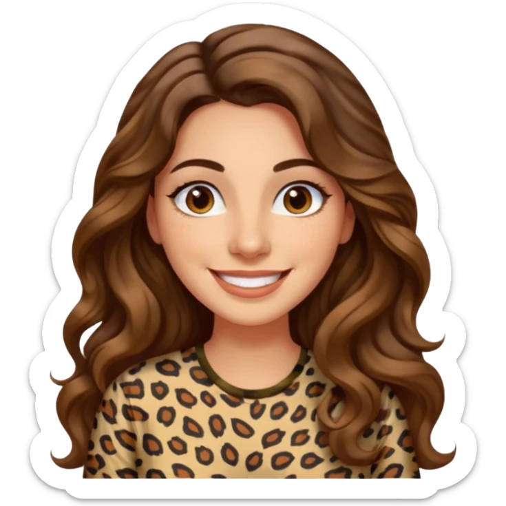 30 yr old italian woman, long brown wavy hair, big brown eyes, huge smile, animal print shirt, no bangs,  sticker