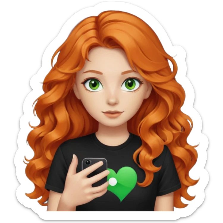 Girl with dark long orange wavy hair, green eyes, and black t-shirt with tiktok on hand sticker