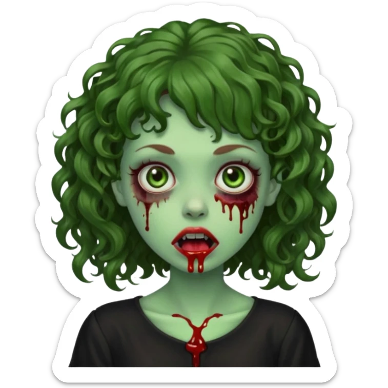 Green zombie emoji girl with curly Brown hair, with curly bangs, wearing a black bluse, blood Just in the tongue sticker