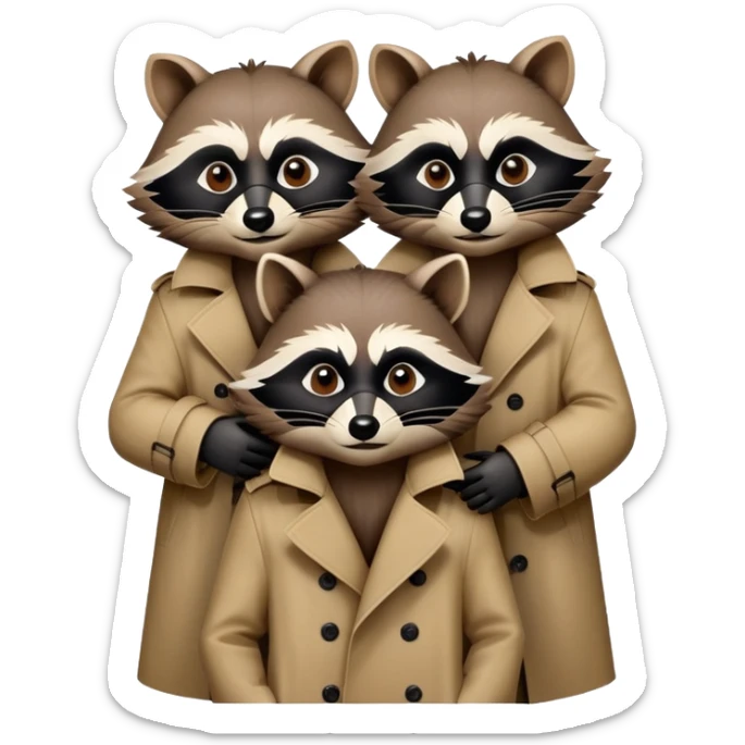 three raccoons stacked on top of each other wearing a trench coat sticker