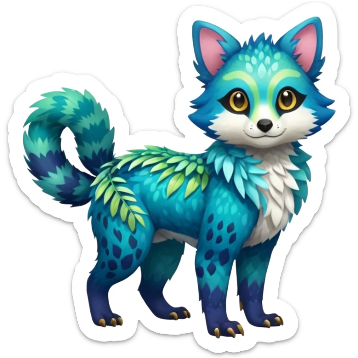 Colorful tropical exotic shiny beautiful fantasy-Trico-Cacomistle-oncilla-animal-Fakémon-hybrid-fursona (full body) sticker