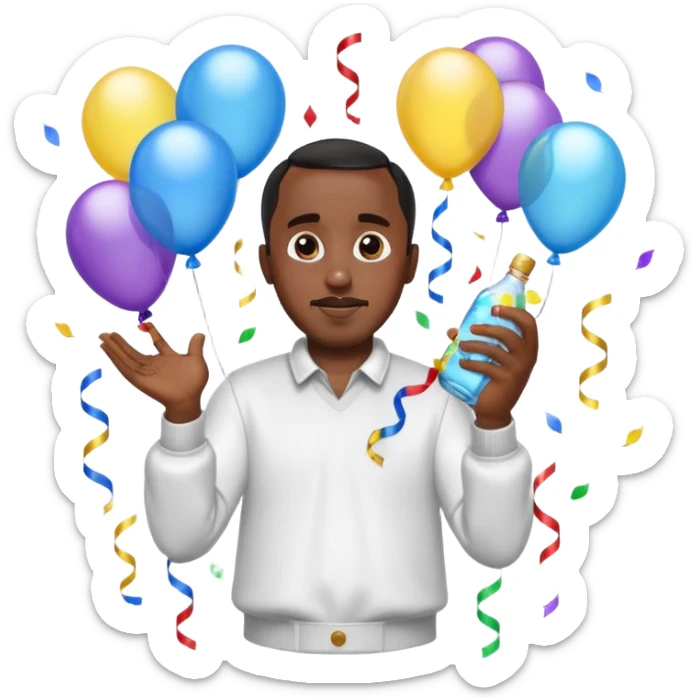 Diddy holding baby oil at a party with balloons and confetti and banners oiled up sticker