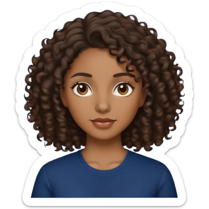 brown skin woman with dark brown curly hair wearing a navy blue shirt sticker