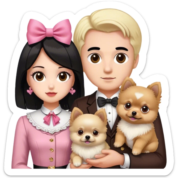 blonde girl old money outfit brown eyes with his boy husband white skin black hair and brown eyes with two pomeranian baby 1 white and another red brown with pink bow for the dogs sticker