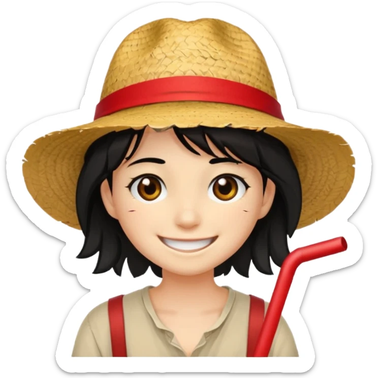 Un personnage avec la peau beige une cicatrice sous l'oeil des cheveux noirs en bataille et un chapeau de paille avec une bande rouge il arbore un grand sourire sticker