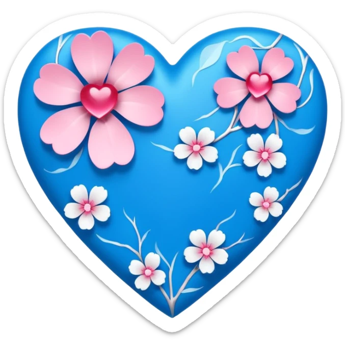goth  blue sakura heart, heart made of white sakura petals with pink accents, remove background sticker