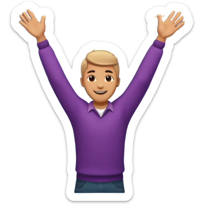 hombre sonriendo saltando con los brazos hacia arriba saltando, con fuegos artificiales, confites volando, sticker