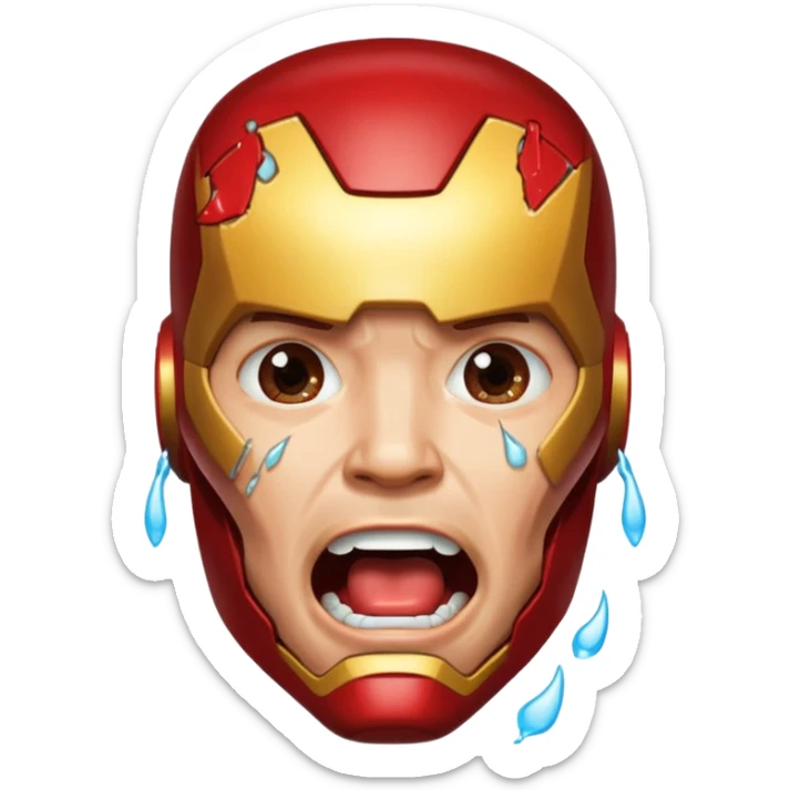 Create a man in an Iron Man costume who is crying with his mouth open and tears flowing sticker