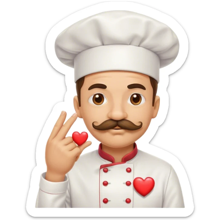 Mustachioed chef giving big emoji kiss to his pinched together fingertips hand with a heart emoji sticker