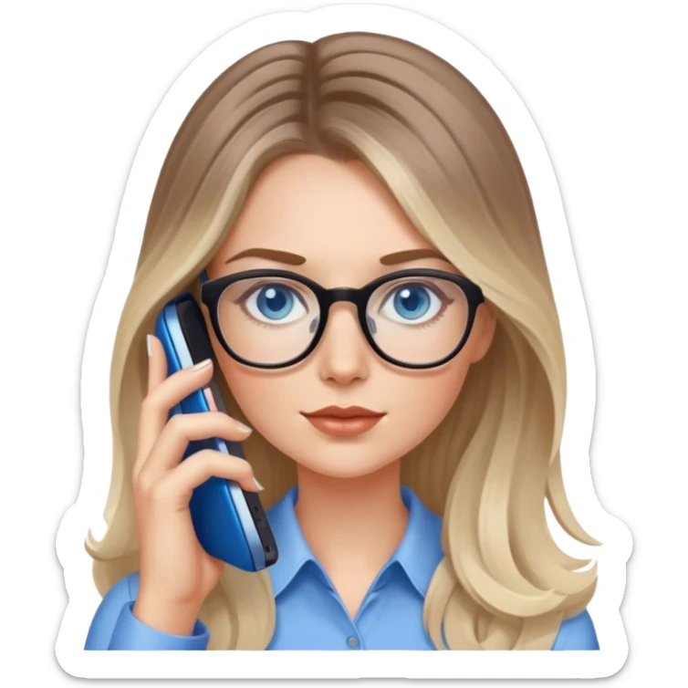 Pale Realistic balage hair woman wearing glasses and blue eyes speaking on 1 cell phone sticker