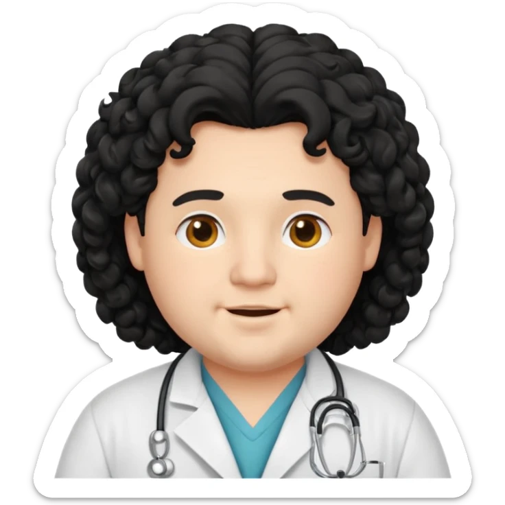 a young chubby male doctor with black long curly hair and cheerful face without gpasses sticker