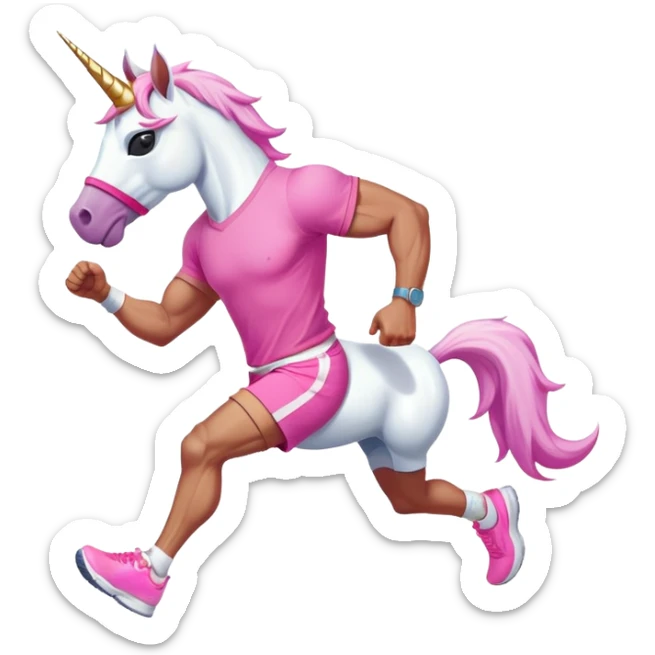 full body friendly anthropomorphised masculine unicorn with white horse-like face, muscular build, wearing pink t-shirt, shorts, trainers, dark sunglasses, running sticker