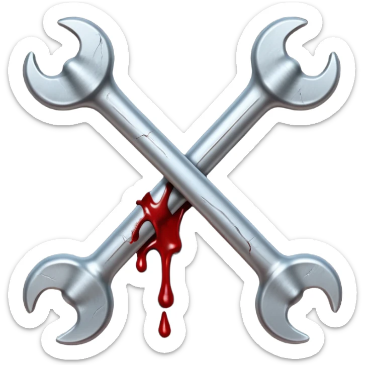 Emoji-style metallic bones with traces of blood, steel texture, dark dramatic tone, clean background sticker