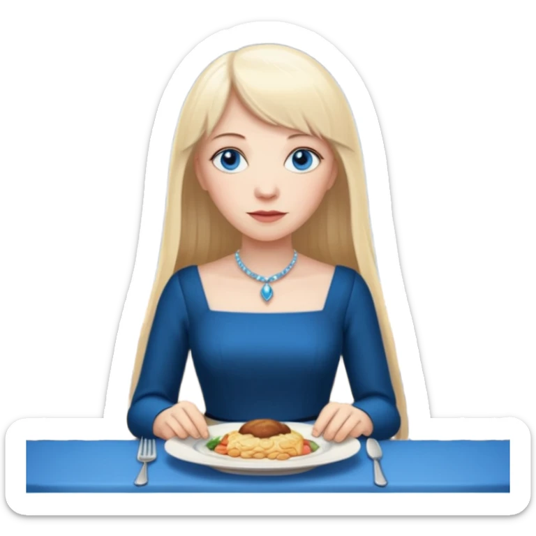 450 yr old white woman, pale skin, long straight blond hair parted in center, blue eyes, bangs, clothes for dinner sticker