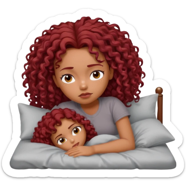 generate a pretty bratz brown skinned girl curly dark red hair, tired in bed in a grey tshirt bored. sticker