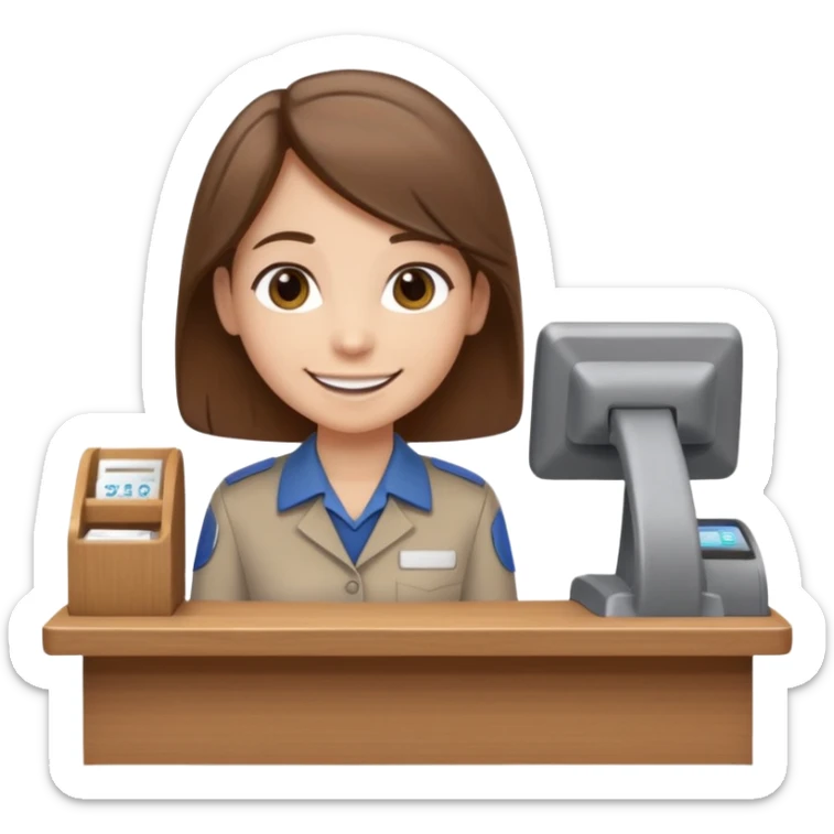 Gender-neutral cashier with shoulder-length hair, standing behind a cashier desk, smiling, wearing a neutral-colored uniform sticker