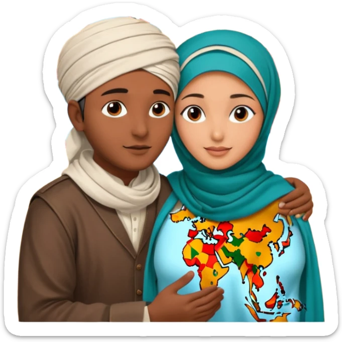 An emotional artistic illustration of an Indian man and an Afghan hijabi girl standing on the maps of India and Afghanistan, symbolically embracing despite the distance, showing love beyond borders. sticker