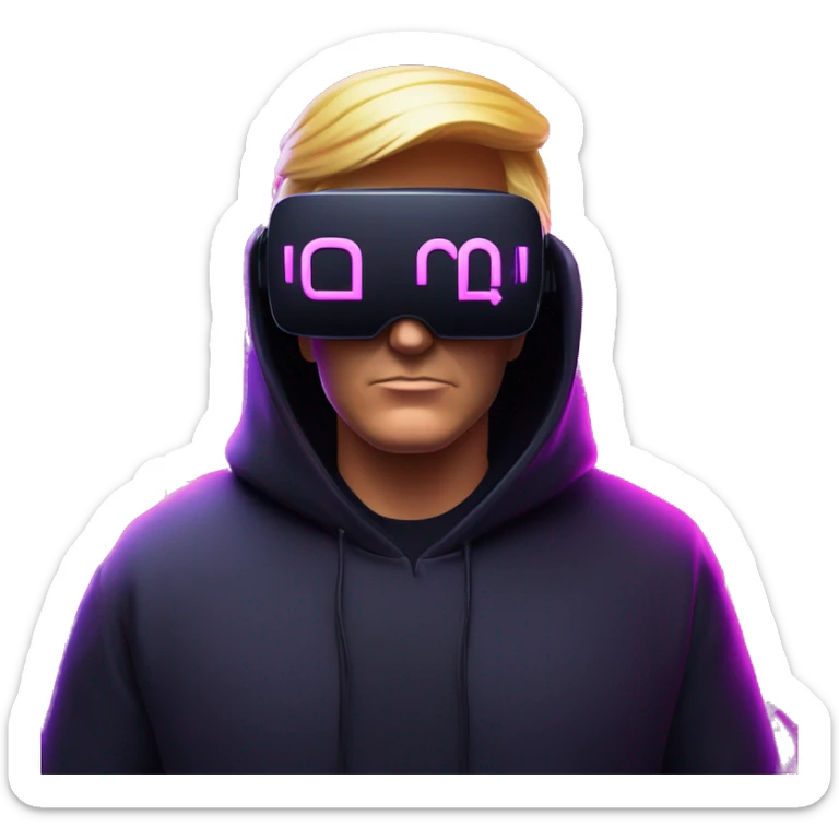 Donald Trump wearing a black hoodie with "OMG" letters on it and VR headset oculus quest 2 in a cyberpunk VR environment with violet neon lighting. sticker